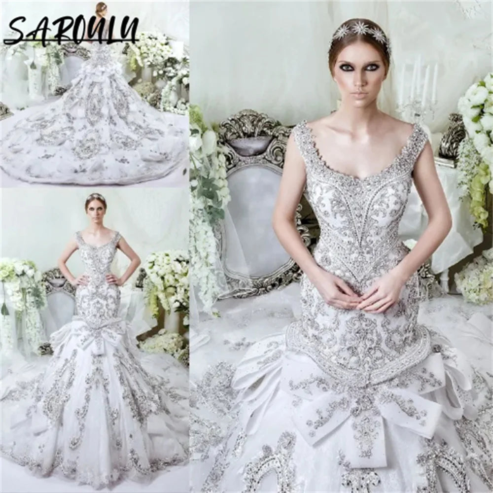 Romantic Tank Sleeve Floor-length Wedding Dress Luxury Beadings Appliques Bridal Gown Elegant Vestidos De Novia