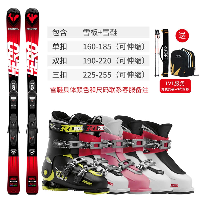 лыжные палки Rossignol France GOLDEN ROOSTER Children's Skis Double Board Set Full Set Skiing Boots Youth Ski Equipment