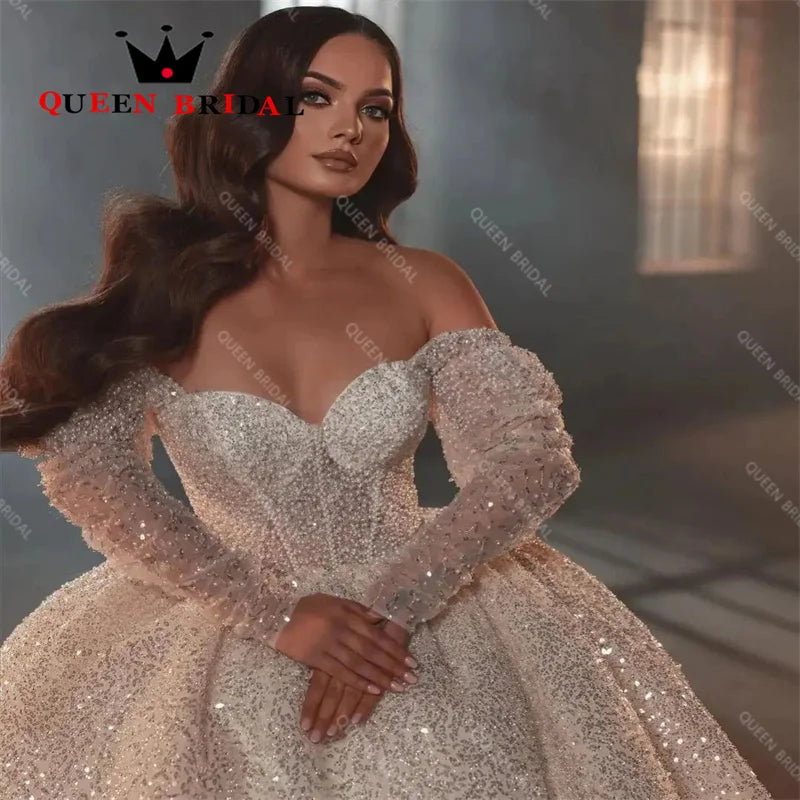 Luxury Sequined Lace Pearls Wedding Dresses Sweetheart Off The Shoulder Long Sleeve Bridal Gowns Robe De Mariée Custom Y48X