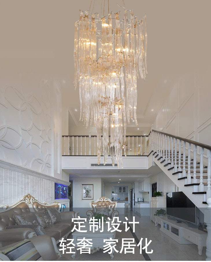 French Entry Lux Villa Long Chandelier Duplex Rotating Stair Light European Crystal Glass Atmospheric Hollow Living Room Lamps