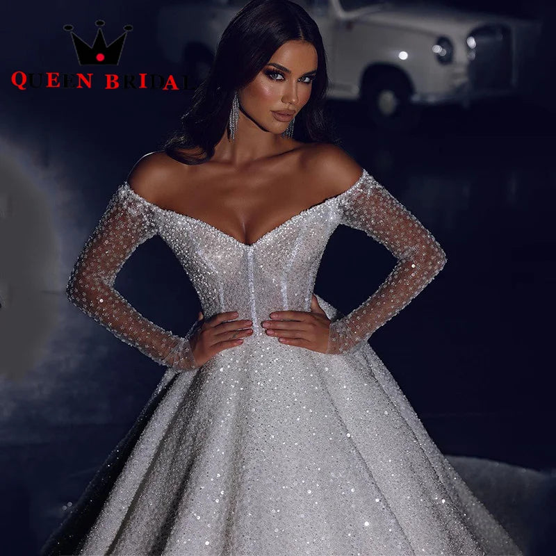 Exquisite Sequined Beading Wedding Dress Glisten V Neck Long Sleeve Off Shoulder Bridal Ball Gown Vestidos De Novia Custom Y70X