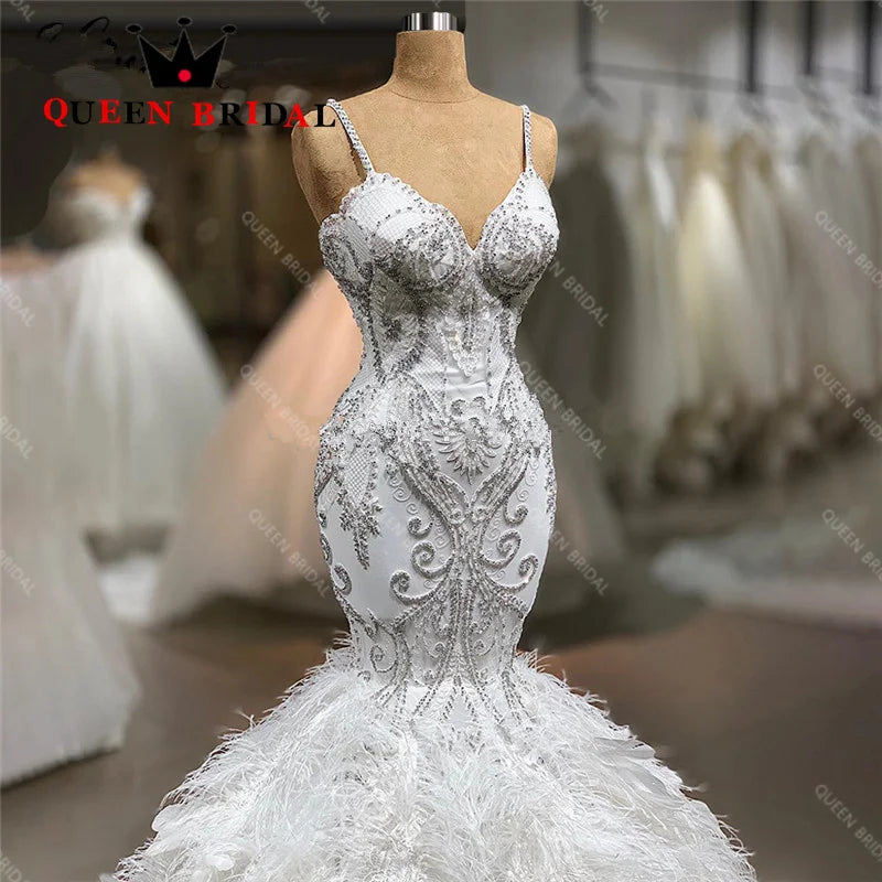 Mermaid Sequined Beading Pearls Wedding Dresses Exquisite Sleeveless Spaghetti Straps Bridal Gowns Robe De Mariée Custom Y47X