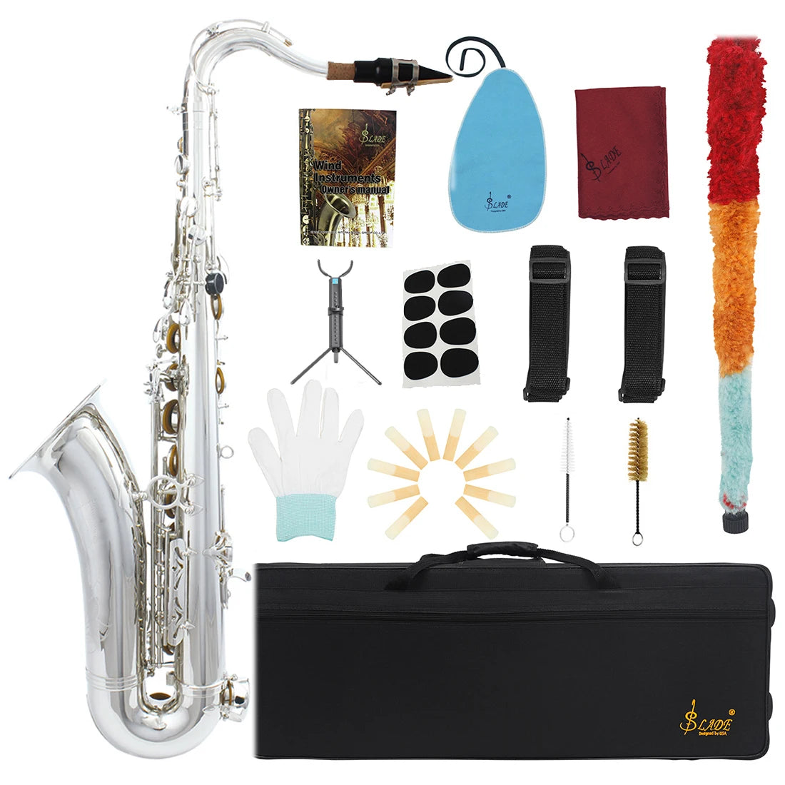 SLADE Bb Tenor Saxophone Silver Tenor Sax Jazz Instrument With Case Stand Cleaning Cloth Woodwind Musical Instrument Accessories