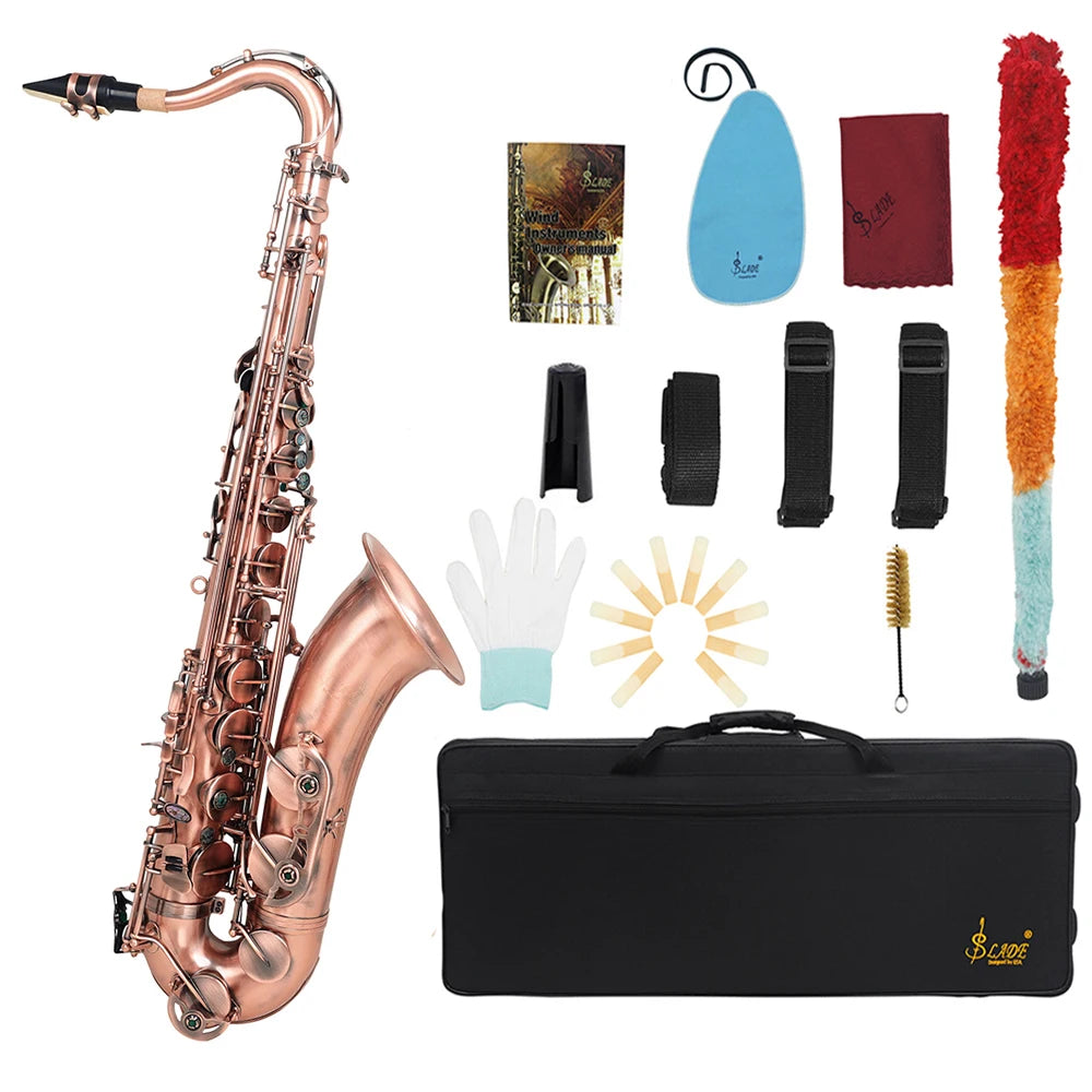 SLADE Brass Tenor Saxophone Instrument Professional Bb Saxophone with Cleaning Cloth Glove Reed Back Mouthpiece Accessories