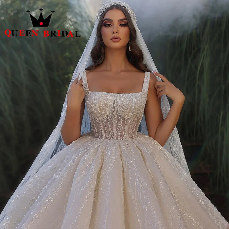 Elegant Square Collar Wedding Dress Beading Sequined Lace Floor-Length Sleeveless Bridal Ball Gown Vestidos De Novia Custom Y65X