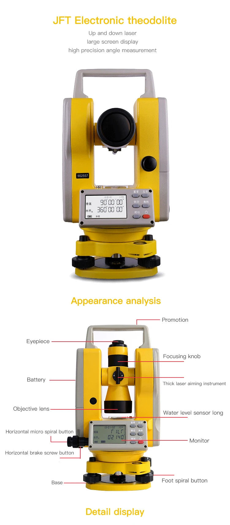 Electronic Upper And Lower Theodolite Measuring Instrument Jiufutian High Precision JFT 2A-J