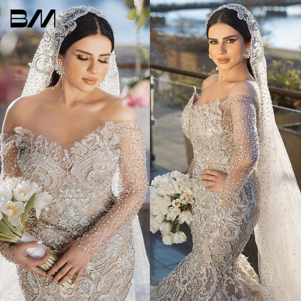 Sequins Pearls Appliques Bridal Gowns Custom Made Embroidery Beading Vestido de novia Luxurious Dubai Mermaid Wedding Dresses