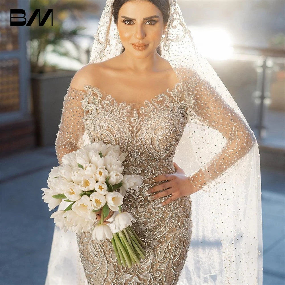 Sequins Pearls Appliques Bridal Gowns Custom Made Embroidery Beading Vestido de novia Luxurious Dubai Mermaid Wedding Dresses