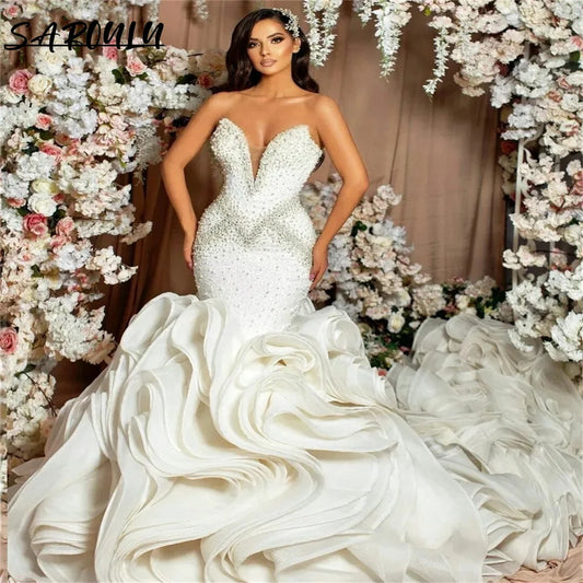 * Sexy Deep V-neck Floor-length Wedding Dress Romantic Beadings Mermaid Bridal Gown Luxury Vestidos De Novia