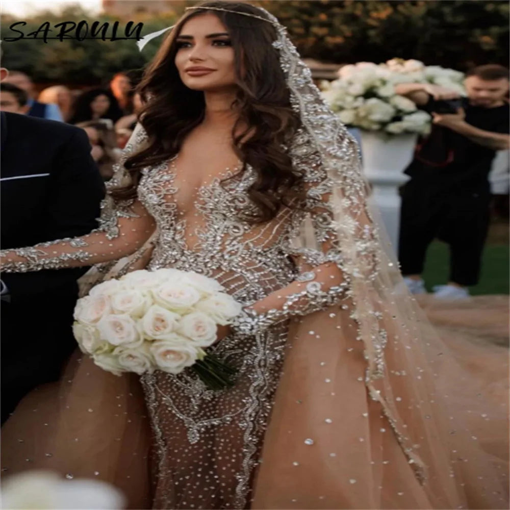 Sexy Deep V-neck Lace Beadings Wedding Dress Illusion Mermaid Floor-length Bridal Gown Luxury Vestidos De Novia