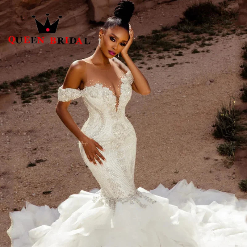 Sexy Mermaid Wedding Dresses 2023 Exquisite Crystal Beading Off The Shoulder Ruffles Train Bride Gowns Robe De Mariée L28W