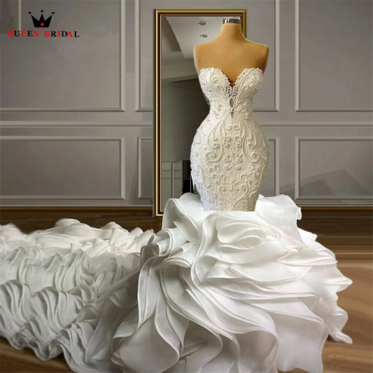 Sexy Wedding Dresses Mermaid Sweetheart Ruffle Train Tulle Lace Crystal Beaded Diamonds Luxurious Bridal Gown Custom Size DX24