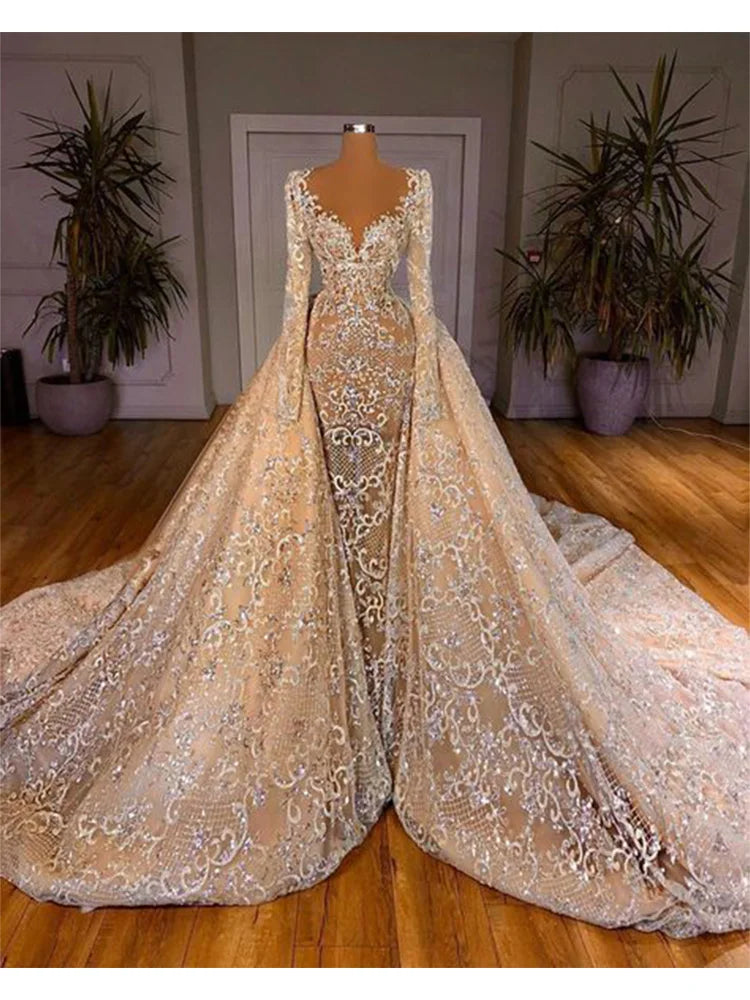 2023 Luxurious Mermaid Wedding Dress Beading Appliques With Detachable Train Evening Prom Gown Shiny Long Sleeves Robe De Soirée
