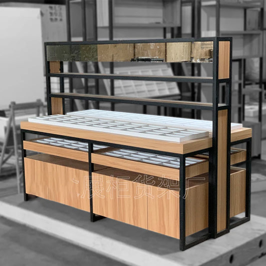 Shopping mall display cabinet, glasses display cabinet, ecological board, wood grain shelf counter, customized in Dazhong Island