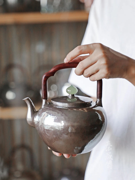 Silver Teapot Purple Leather Wu Jing Lifting Handle Type Sterling Silver 999 Kettle Chinese Handmade Silver Teapot 1000ml