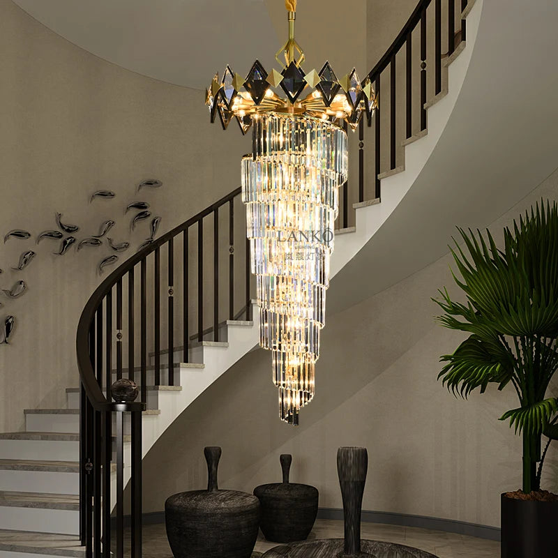 Simple post-modern all-copper crystal staircase chandelier light luxury villa duplex building lamps