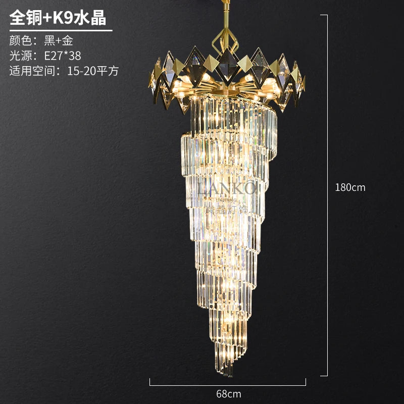 Simple post-modern all-copper crystal staircase chandelier light luxury villa duplex building lamps