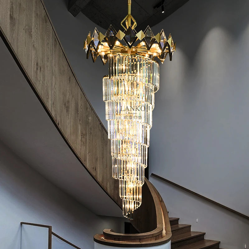 Simple post-modern all-copper crystal staircase chandelier light luxury villa duplex building lamps