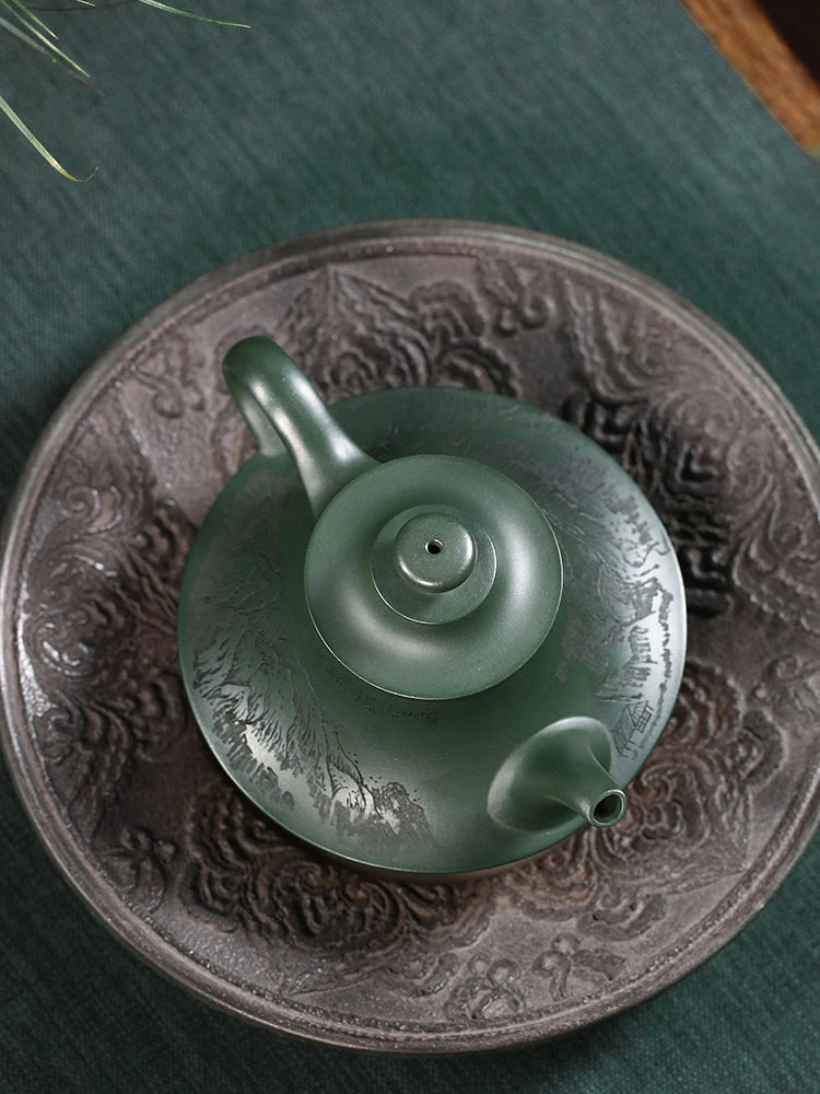 Small Capacity Yixing Purple Clay Pot, Pure Handcarved Kung Fu Tea Set, Original Mine, Dark Green Mud, Household Cloud