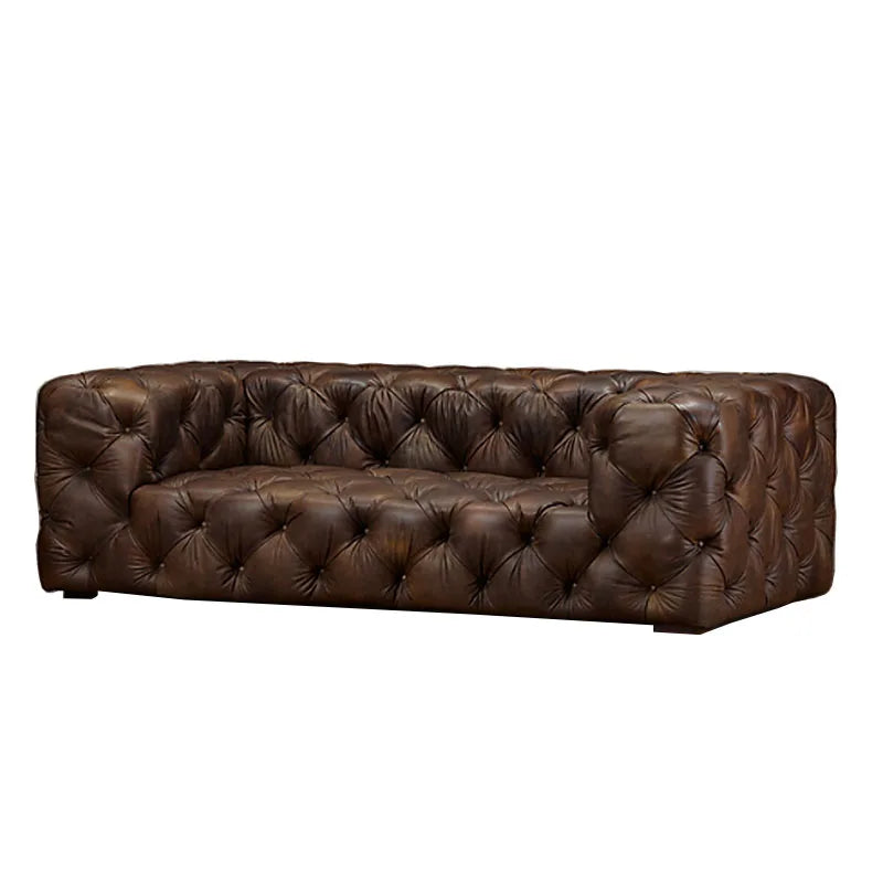 Sofa: Vintage industrial style living room, cowhide Italian light luxury full pull button three-seat sofa