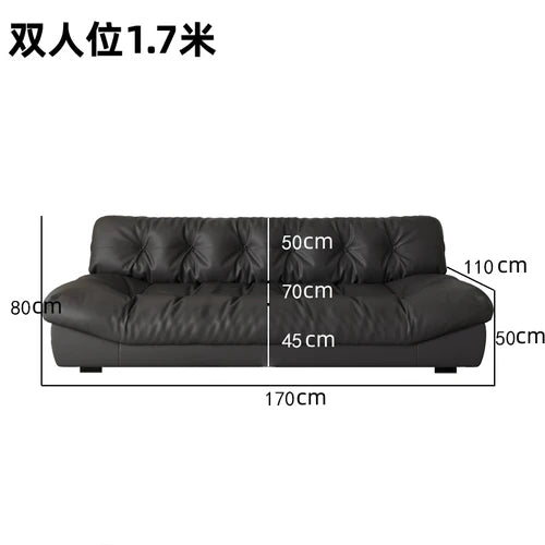 Sofa top layer cowhide technology fabric small apartment living room black straight row three people.