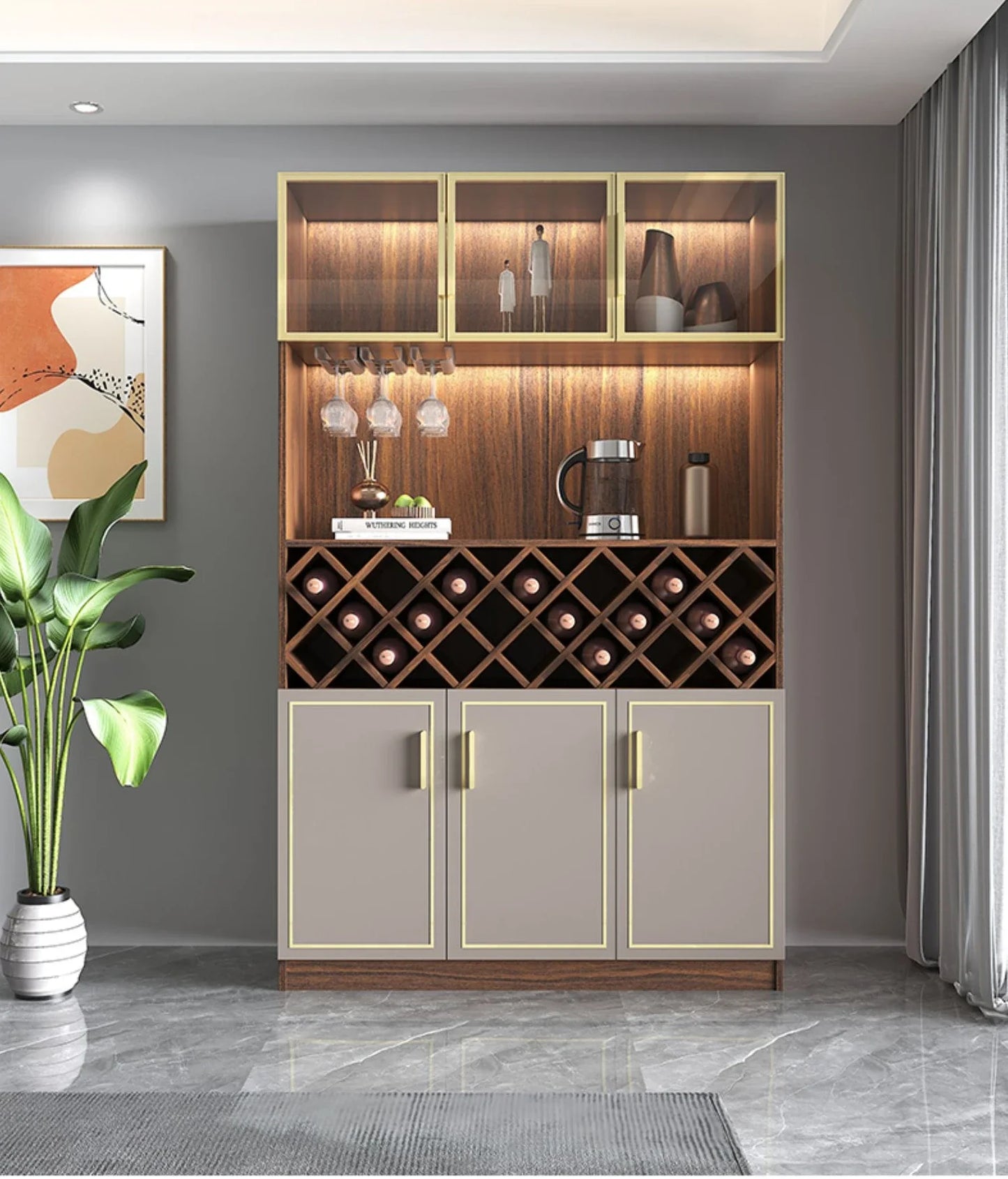 Solid wood wine cabinet glass door display living room high-end wall red wine high cabinet combination