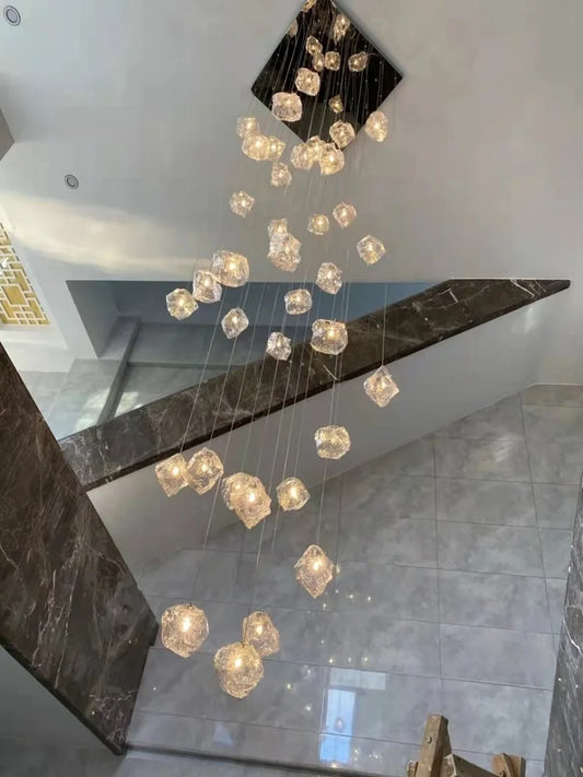 Staircase LED chandelier simple loft Nordic villa duplex creative light luxury spiral staircase glass ice long chandelier