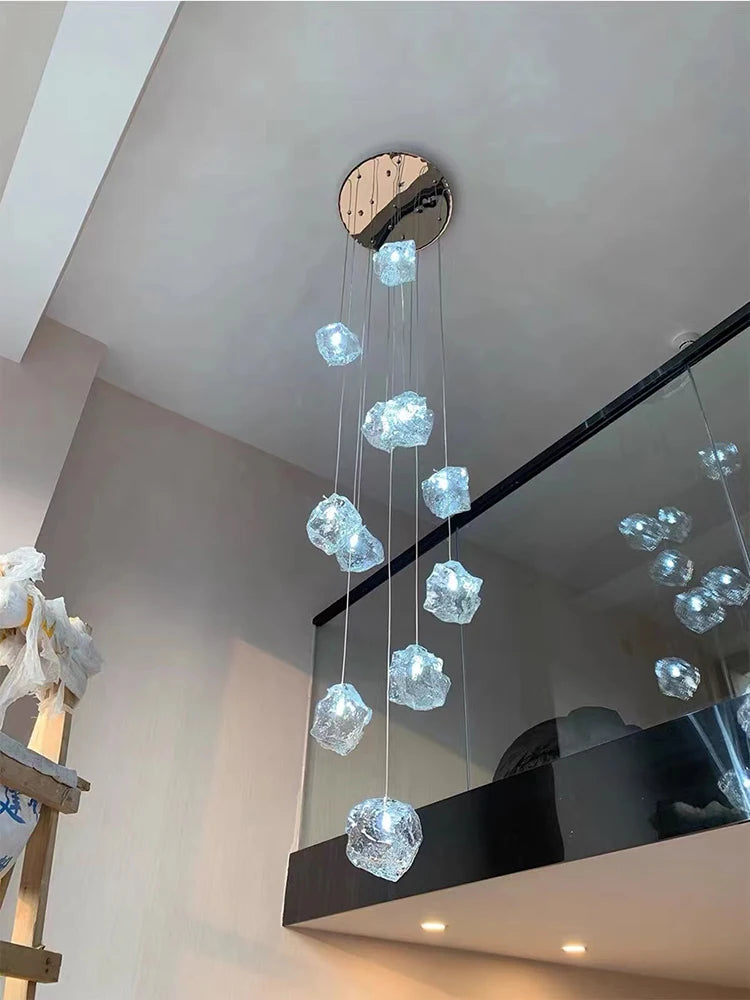 Staircase LED chandelier simple loft Nordic villa duplex creative light luxury spiral staircase glass ice long chandelier