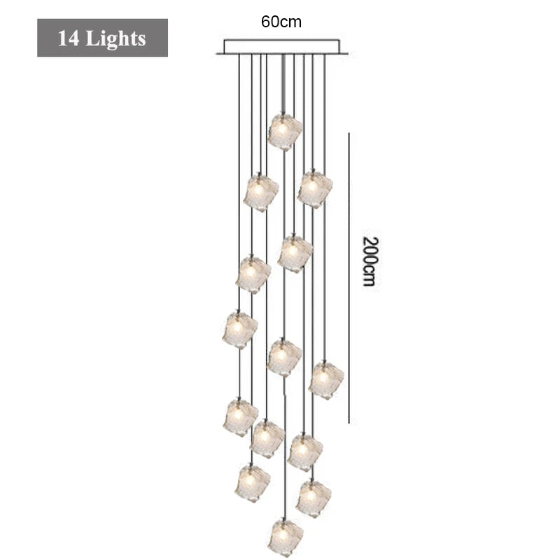 Staircase LED chandelier simple loft Nordic villa duplex creative light luxury spiral staircase glass ice long chandelier