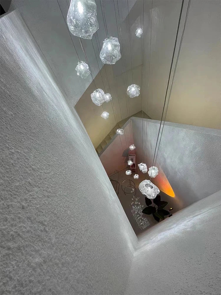 Staircase LED chandelier simple loft Nordic villa duplex creative light luxury spiral staircase glass ice long chandelier