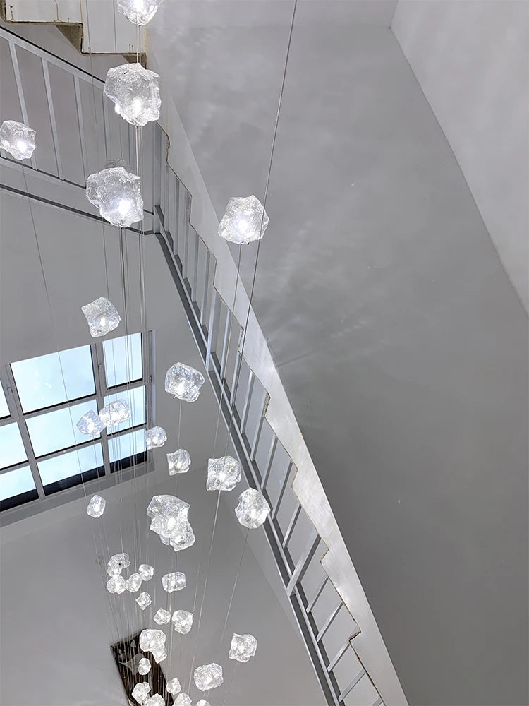 Staircase LED chandelier simple loft Nordic villa duplex creative light luxury spiral staircase glass ice long chandelier