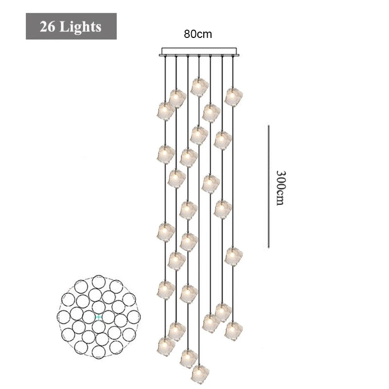 Staircase LED chandelier simple loft Nordic villa duplex creative light luxury spiral staircase glass ice long chandelier