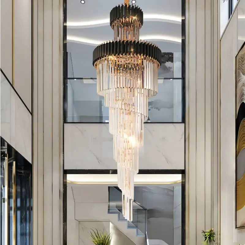 Staircase chandelier crystal hotel lobby chandelier living room chandelier rotating villa hall light luxury long Chandelier