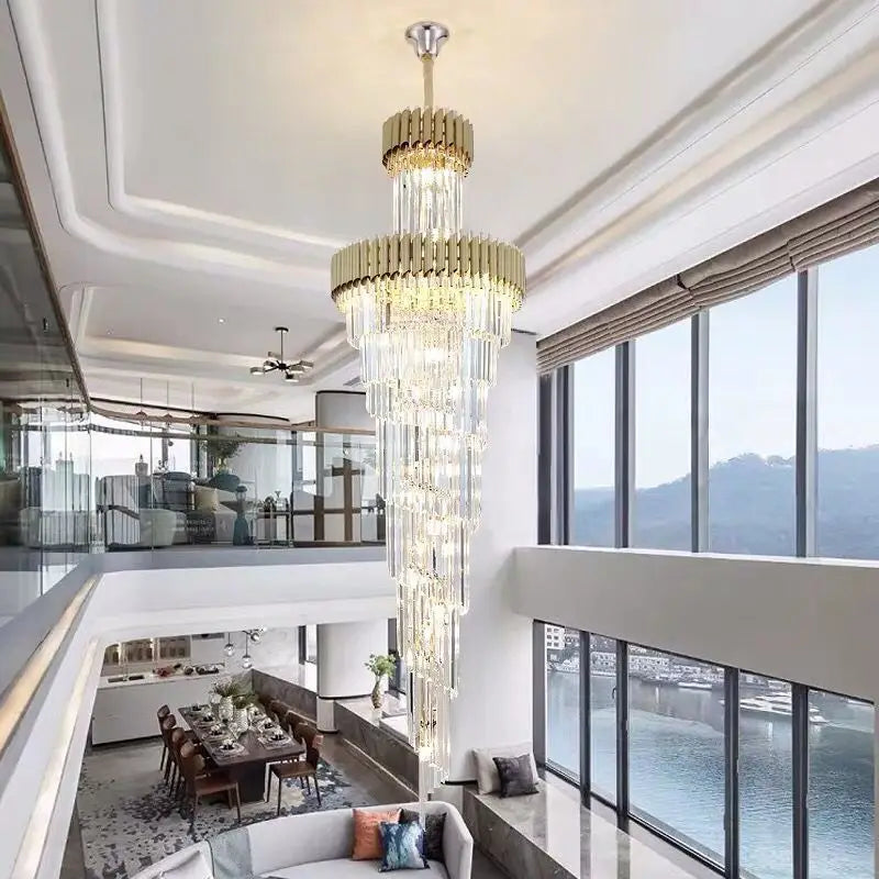 Staircase chandelier crystal hotel lobby chandelier living room chandelier rotating villa hall light luxury long Chandelier