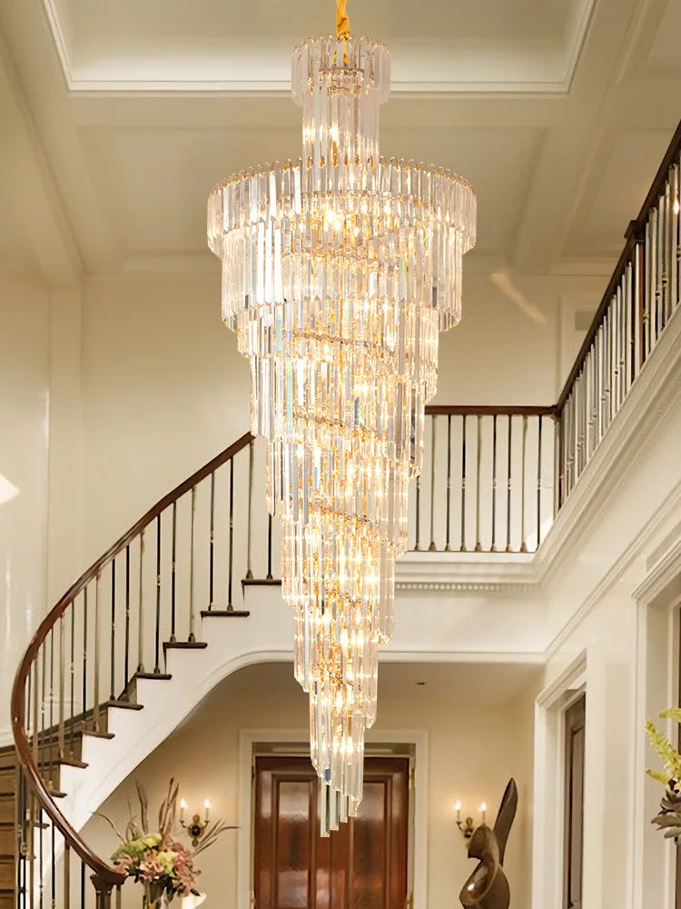 Staircase chandelier crystal hotel lobby chandelier living room chandelier rotating villa hall light luxury long Chandelier