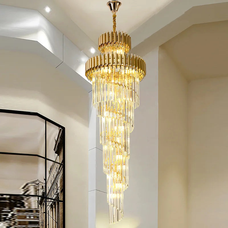 Staircase chandelier crystal hotel lobby chandelier living room chandelier rotating villa hall light luxury long Chandelier