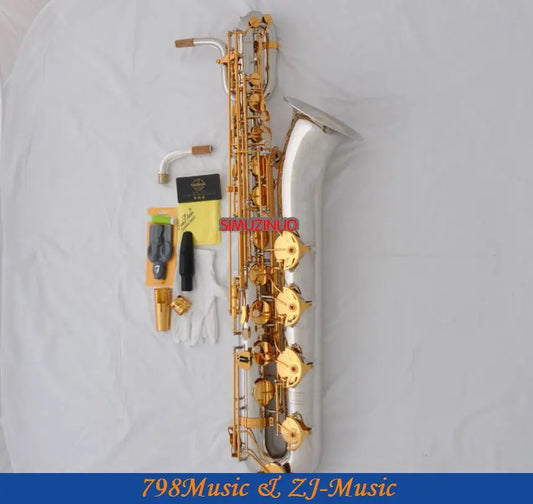 Support Professional Silver and Gold Plated Baritone Saxophone Sax High F#  Leather Case