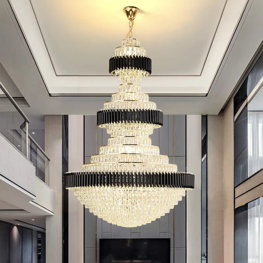 Top Luxury Crystal Stair Chandelier Lighting Villa Lobby Hotel Large Decoration Hanging Lamps Black Light Modern Led