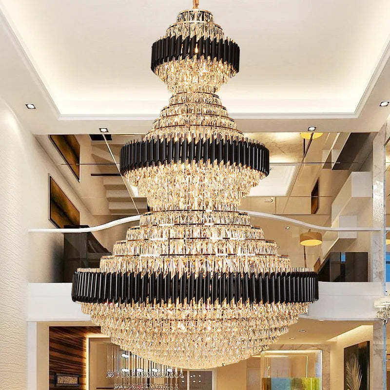 Top Luxury Crystal Stair Chandelier Lighting Villa Lobby Hotel Large Decoration Hanging Lamps Black Light Modern Led