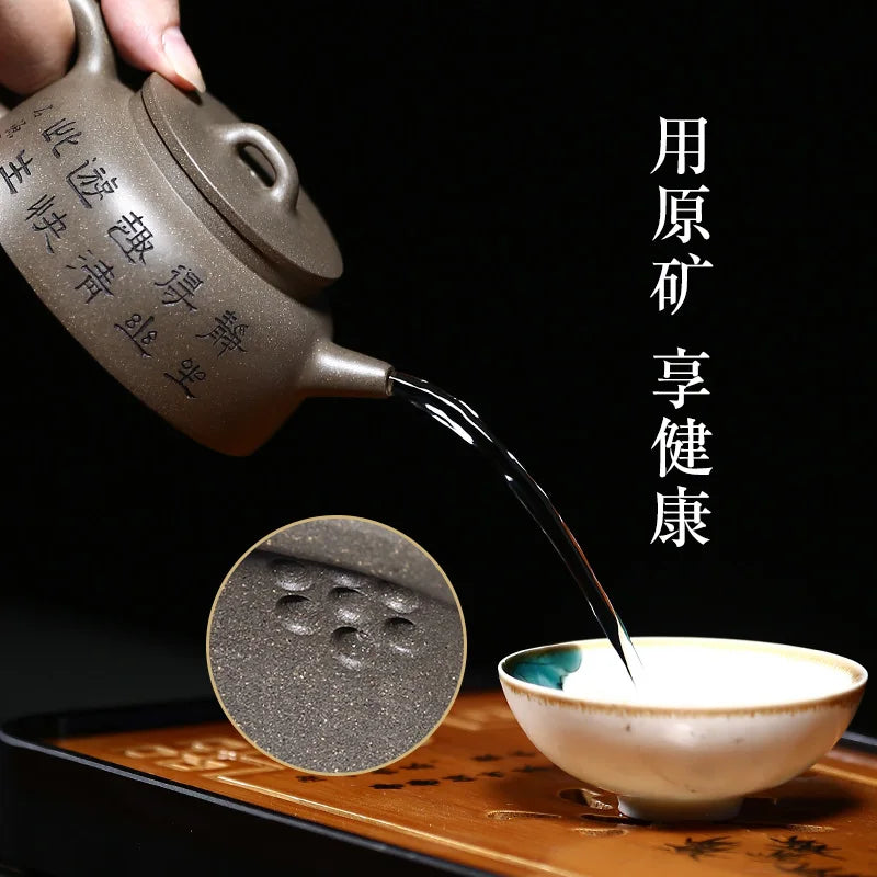 |True art engraving pure manual teapot yixing are recommended by kung fu tea green cover period of mud fish pot