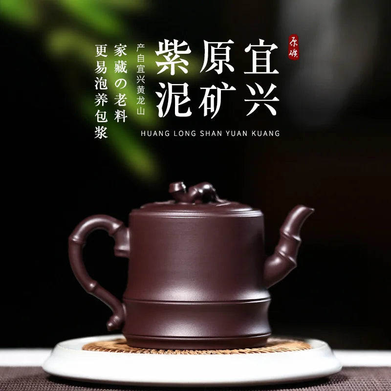 |True art yixing recommended pure manual teapot carved painting famous tea bamboo pot of ores in the mud