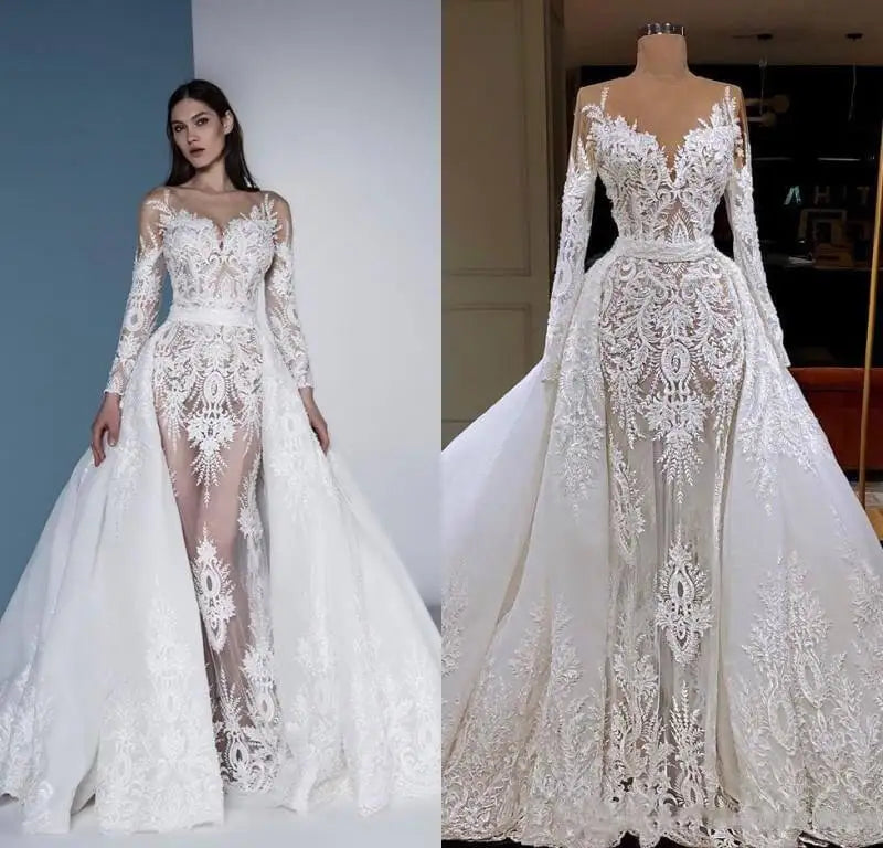 Vestido De Noiva 2020 Long Sleeve Mermaid Wedding Dress With Detachable Train Luxury Dubai Sheath Lace Appliqued Bridal Gown