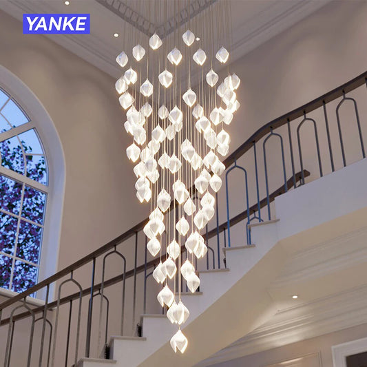 White Bloom Staircase Pendant Light Long Cable Hanging Chandelier Porcelain Petals Droplight For Villa Lobby Dining Home Decor