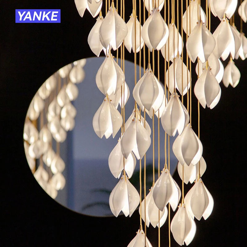 White Bloom Staircase Pendant Light Long Cable Hanging Chandelier Porcelain Petals Droplight For Villa Lobby Dining Home Decor