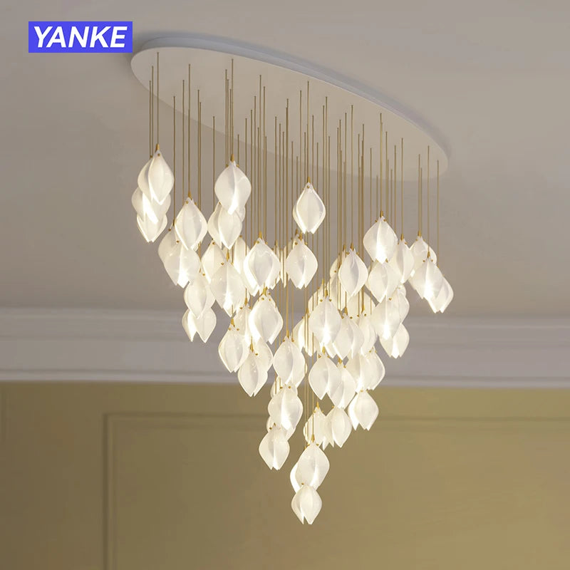 White Bloom Staircase Pendant Light Long Cable Hanging Chandelier Porcelain Petals Droplight For Villa Lobby Dining Home Decor