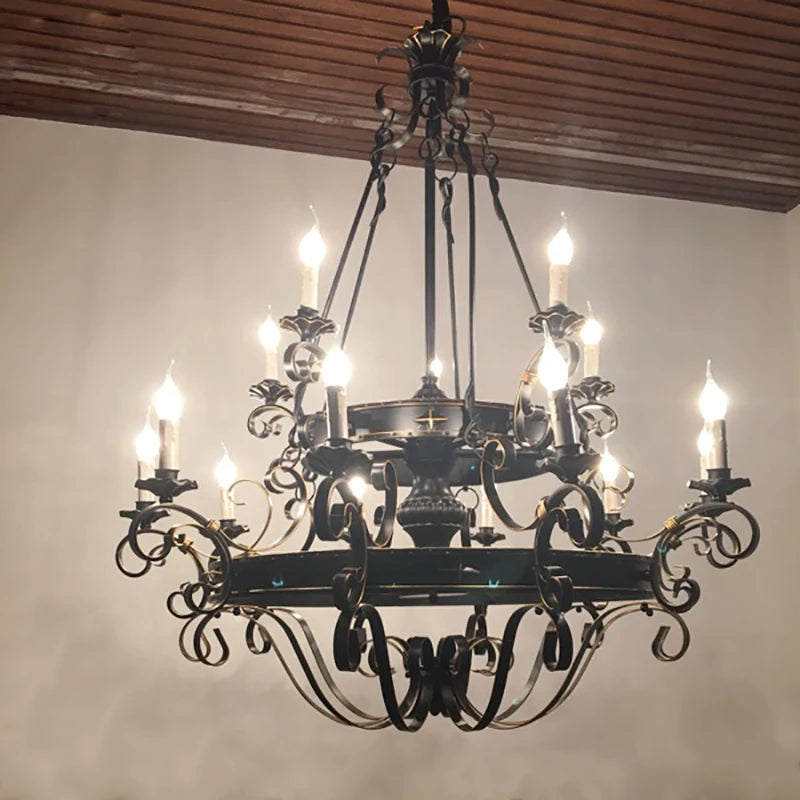 Wrought Iron Art Retro Candle Chandeliers Atmosphere Villa Staircase Household Noble Pendant Lamps Ceiling Hanging Lighting