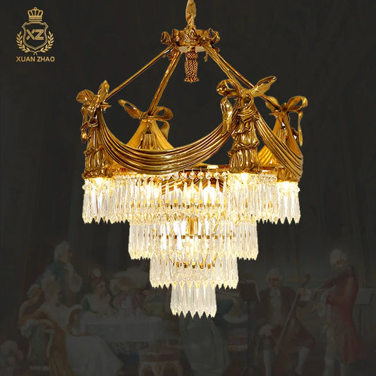 XUANZHAO French All Copper Crystal Light Luxury Villa Hotel Duplex Building Living Room Dining Room Study Chandelier