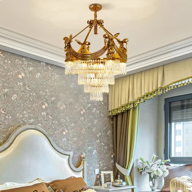 XUANZHAO French All Copper Crystal Light Luxury Villa Hotel Duplex Building Living Room Dining Room Study Chandelier