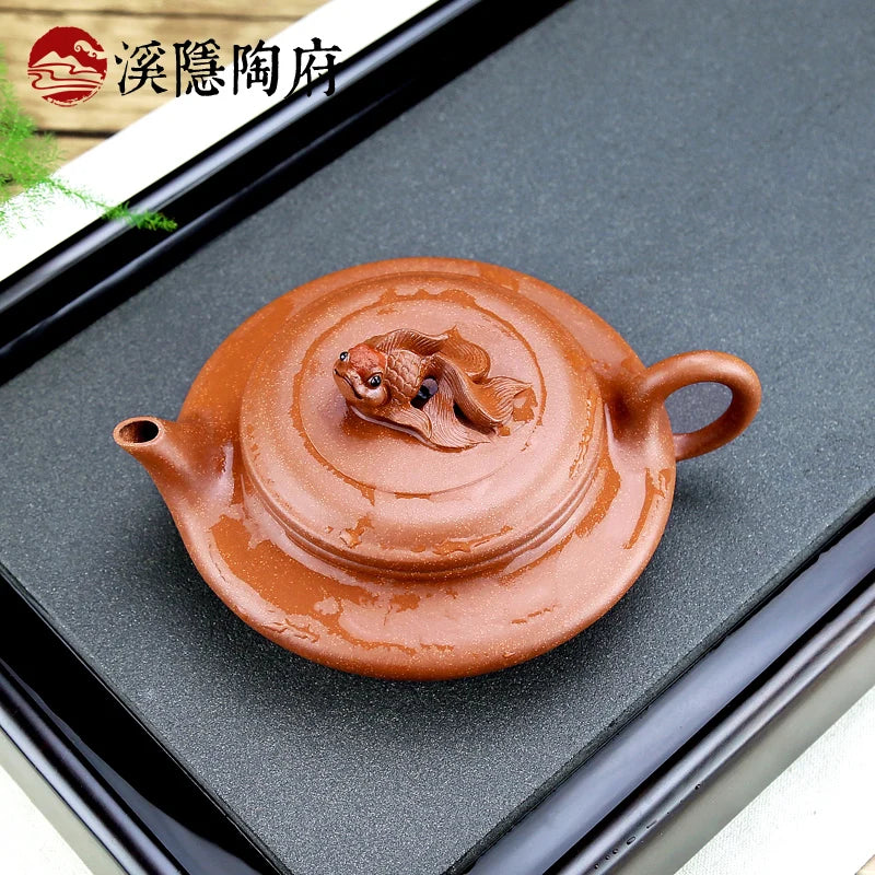 Xiyin Taofu Yixing Teapot Famous Handmade Golden Fish Pot Flat Oval Tea Pot Sketch Gongfu Teapot Tea Set