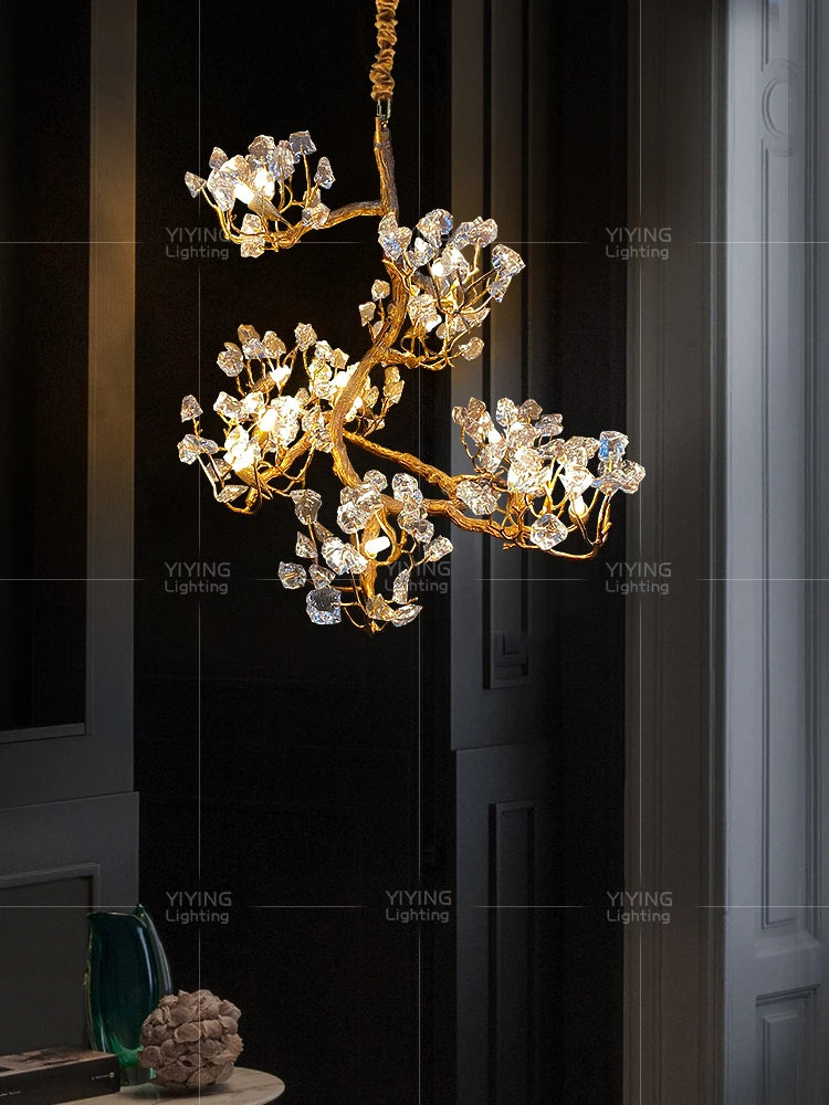 YIYINGART Postmodern living room chandelier villa crystal dining room lamp copper study tea room bar table flower chandelier